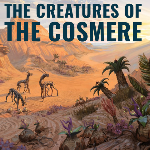 Alien looking creatures with carapace and horns eat grass in a dusty canyon populated with strange plant life.