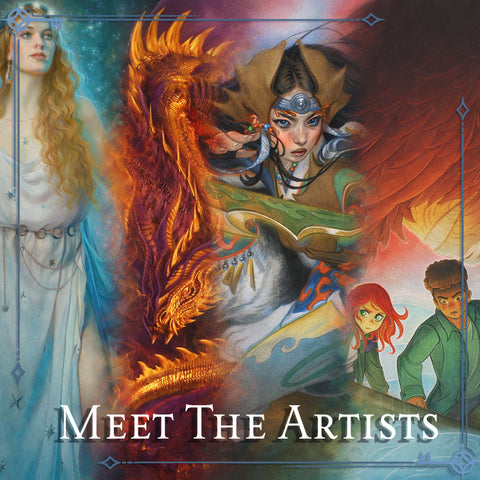 Illustrations of a blonde robed woman, a dragon, a warrior in armor, and two youths with the text "Meet the Artists."