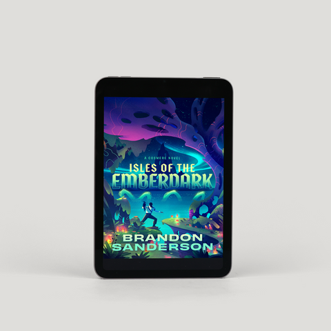 A black tablet device standing upright on a light gray background, displaying the book cover for 'Isles of the Emberdark' by Brandon Sanderson.