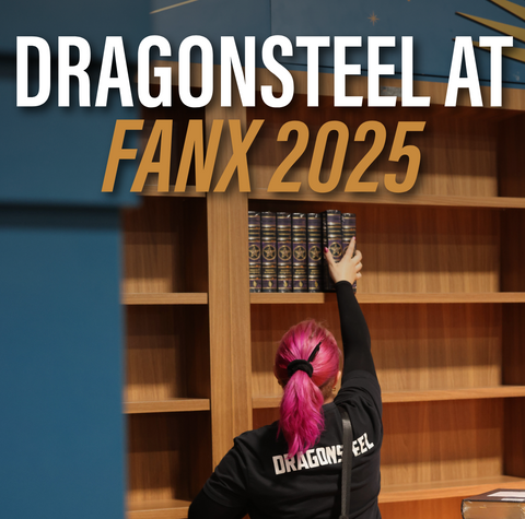dragonsteel employee stocking shelves at fanx 2025