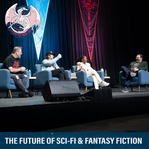 Brandon Sanderson, Pierce Brown, Tomi Adeyemi, and Matt Dinnaman at Dragonsteel Nexus