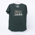 Green t-shirt with 'The Forests of Hell' graphic on a white background