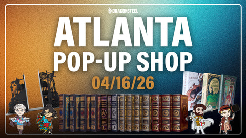 Atlanta pop-up shop event banner with fantasy books, bookends, and cartoon characters.